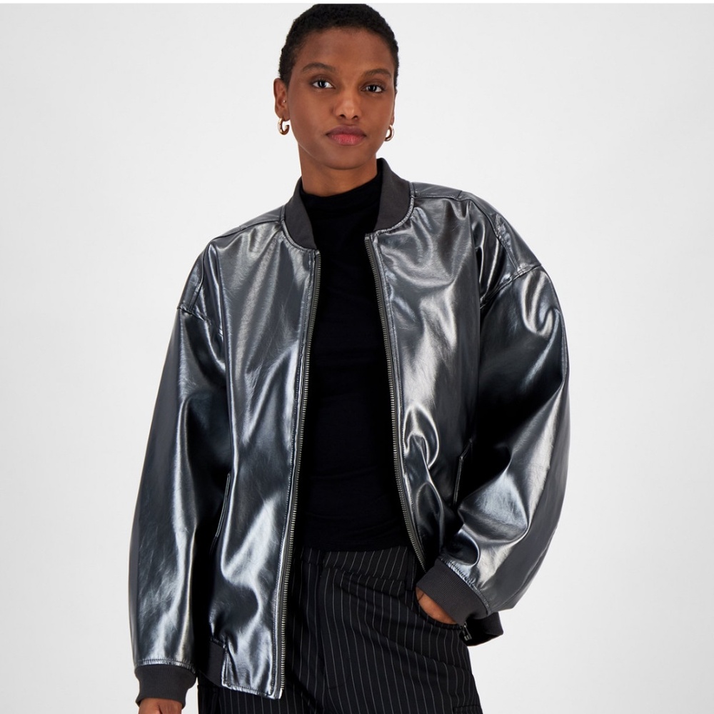 Women's Foil Faux-Leather Bomber Jacket, NWT
